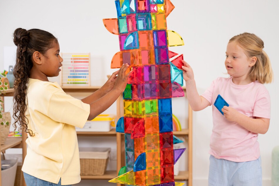 Kinder spielen mit den Bausteinen