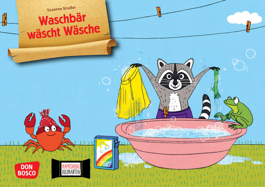 Waschbär wäscht Wäsche. Kamishibai-Bildkartenset