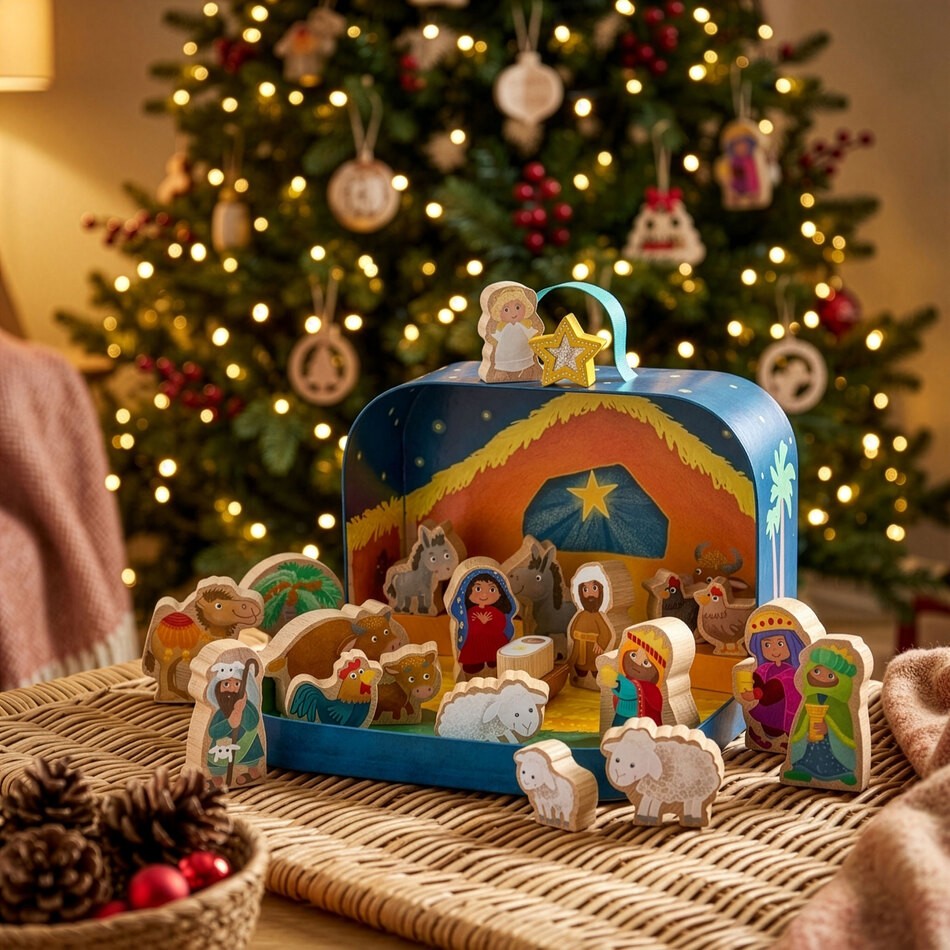 Spielkoffer Weihnachtskrippe vorm Weihnachtsbaum