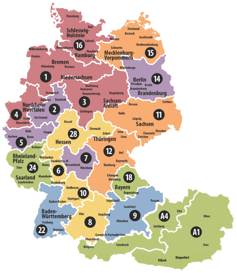 Karte von Deutschland und Österreich, unterteilt in die 16 Bundesländer und die Außendienstgebiete